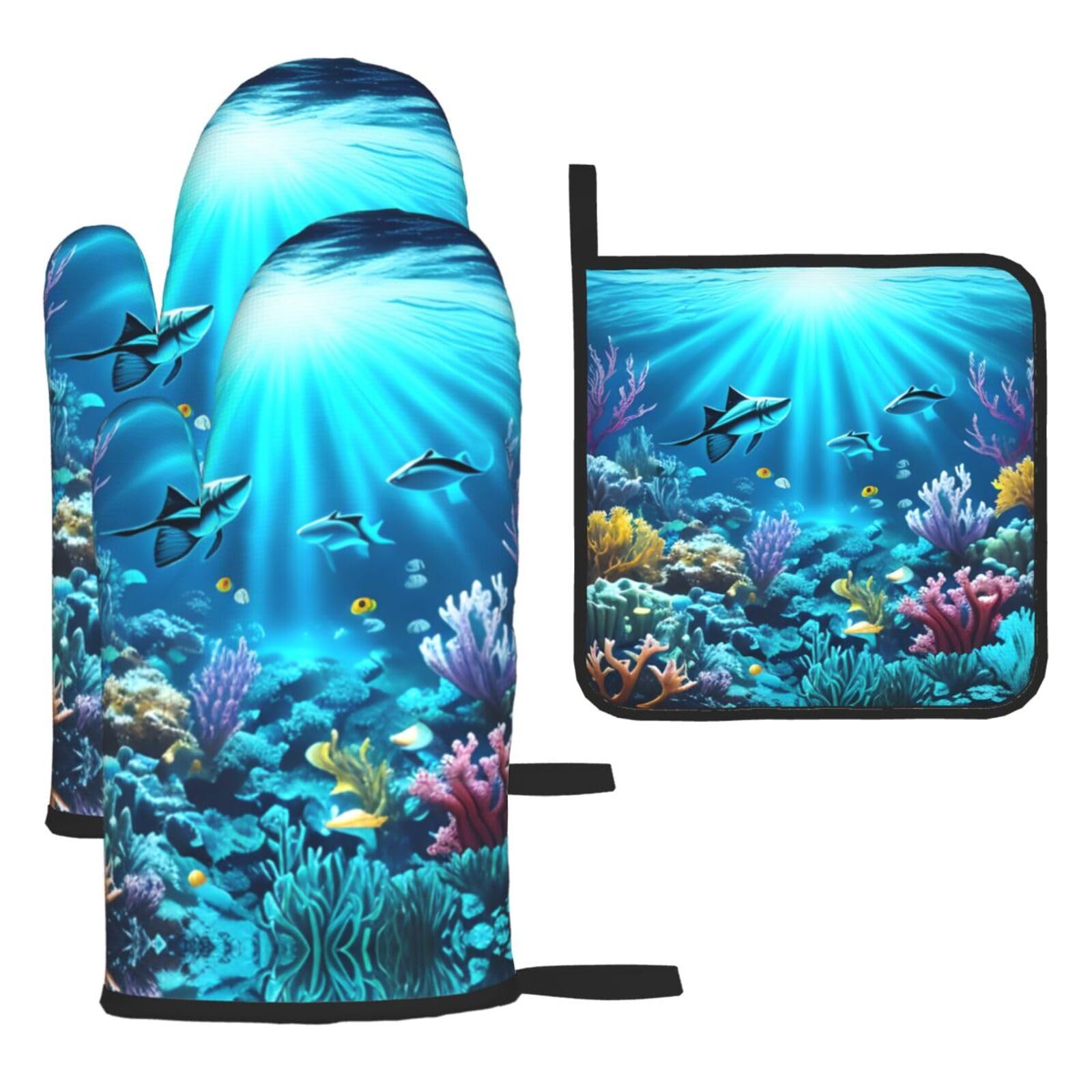 Submarine Coral Rays Oven mittens and oven mitts three-piece set suitable for oven, grilling, baking, microwave and home cooking.
