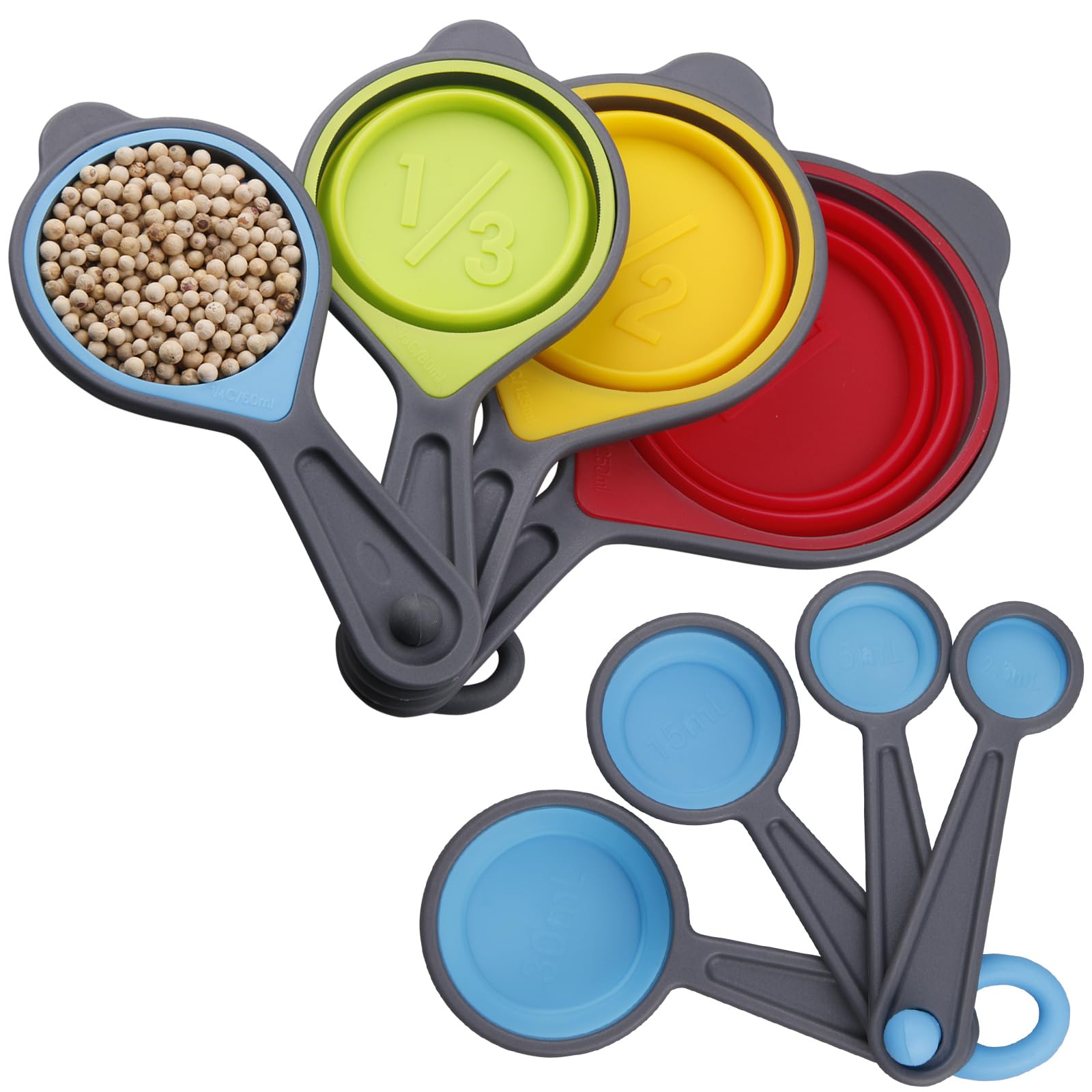 zoyizi Measuring Cups and Spoons Set of 8, Silicone Collapsible Measuring Cups and Spoons for Baking&Kitchen, Engraved Metric/US Markings for Liquid&Dry Measuring, Space Saving, BPA Free, Colorful