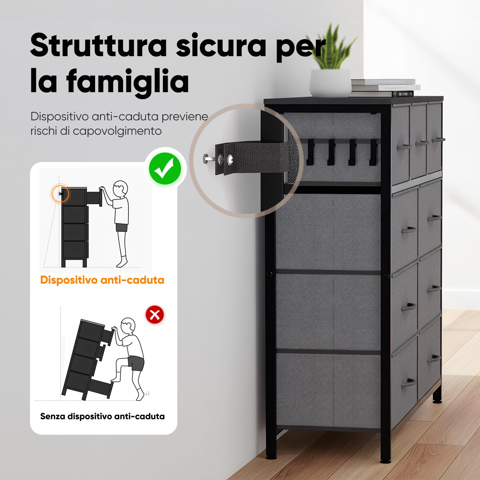 HOKEEPER Cassettiera in Tessuto con 9 Cassetti, Mobile Salvaspazio per Casa, Cassettiera Stretta e Alta con Capacità Grande per Camera da Letto, Sala, Corridoio - Grigio