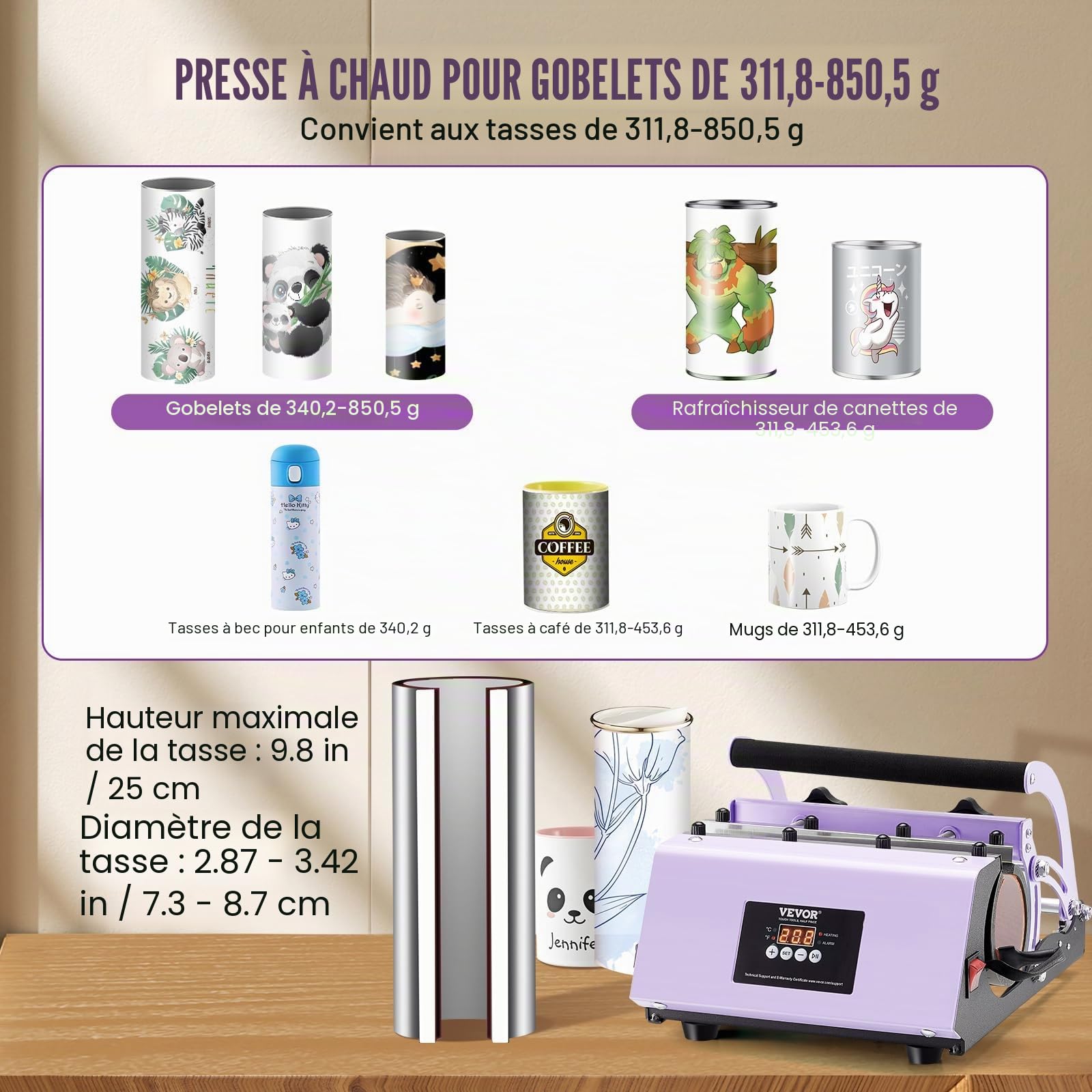 VEVOR Presse à Chaud pour Tasses 32,5-89 cL, Presse pour l'Impression de Tasse 75-87 mm de Diamètre, Machine de Sublimation avec Papier de Sublimation, pour Transférer Images sur Mug Gobelet, Violet