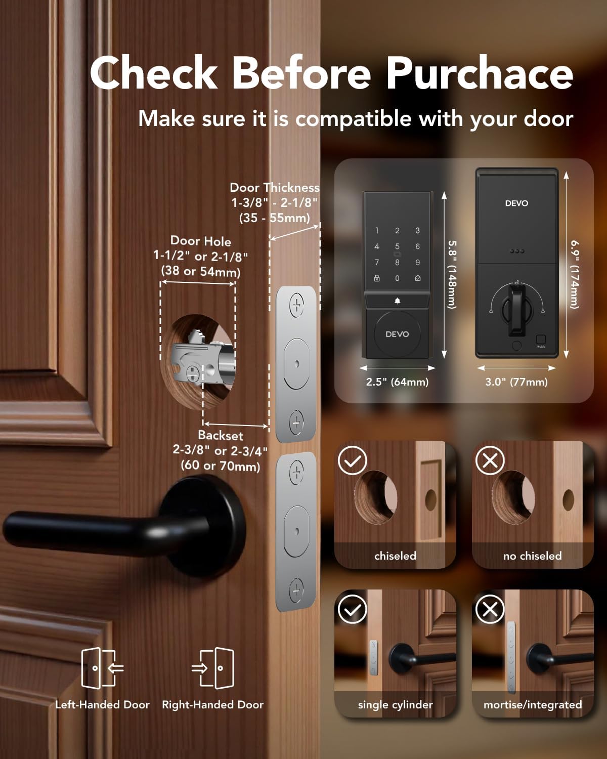 Diagram illustrating door compatibility requirements for the Devo G4 Smart Lock, including door thickness, hole size, backset, and compatible door types (chiselled, single cylinder).