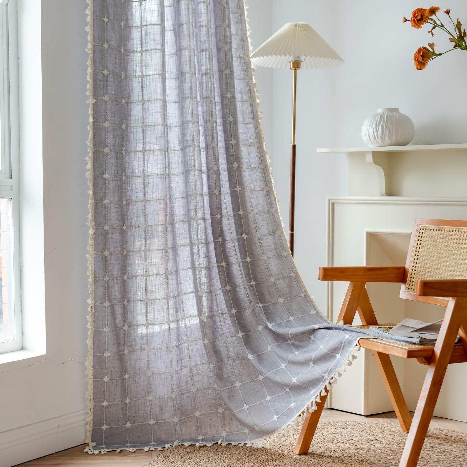 Sutuo Home Boho Checkered Linen Curtains, Dark Grey Plaids, 52 W x 63 L, 1 Panel