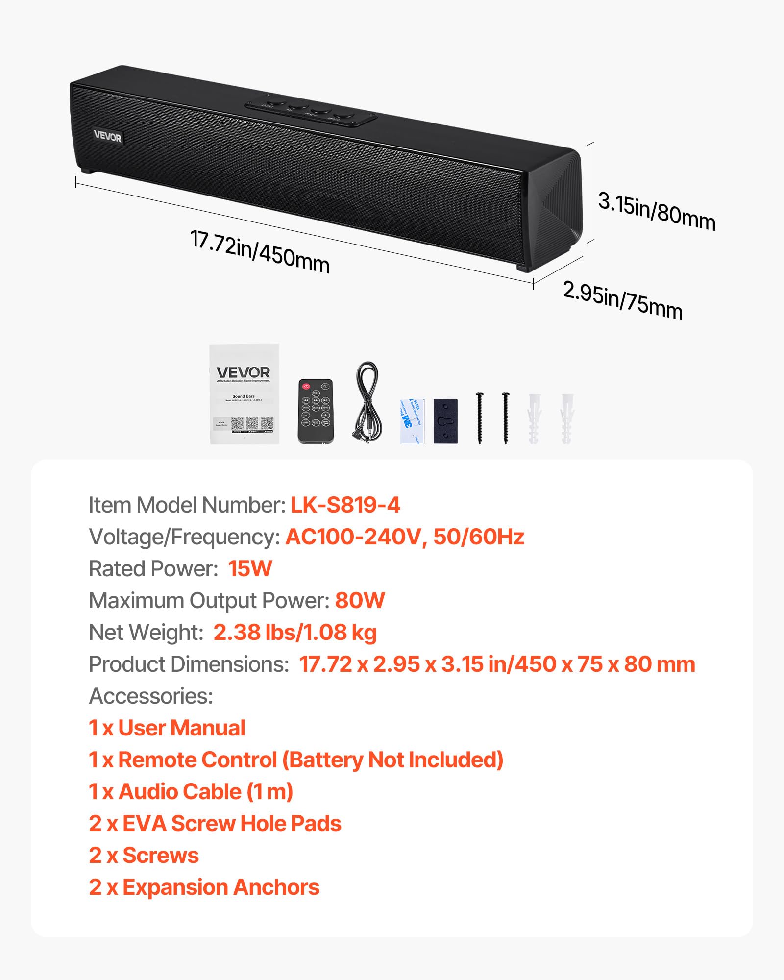 VEVOR Sound Bar do Smart TV, 2.0-kanałowy, kompaktowy soundbar, do projektora, połączenie Bluetooth AUX, pilot zdalnego sterowania, łatwa konfiguracja, system dźwięku przestrzennego 80 W, do komputera