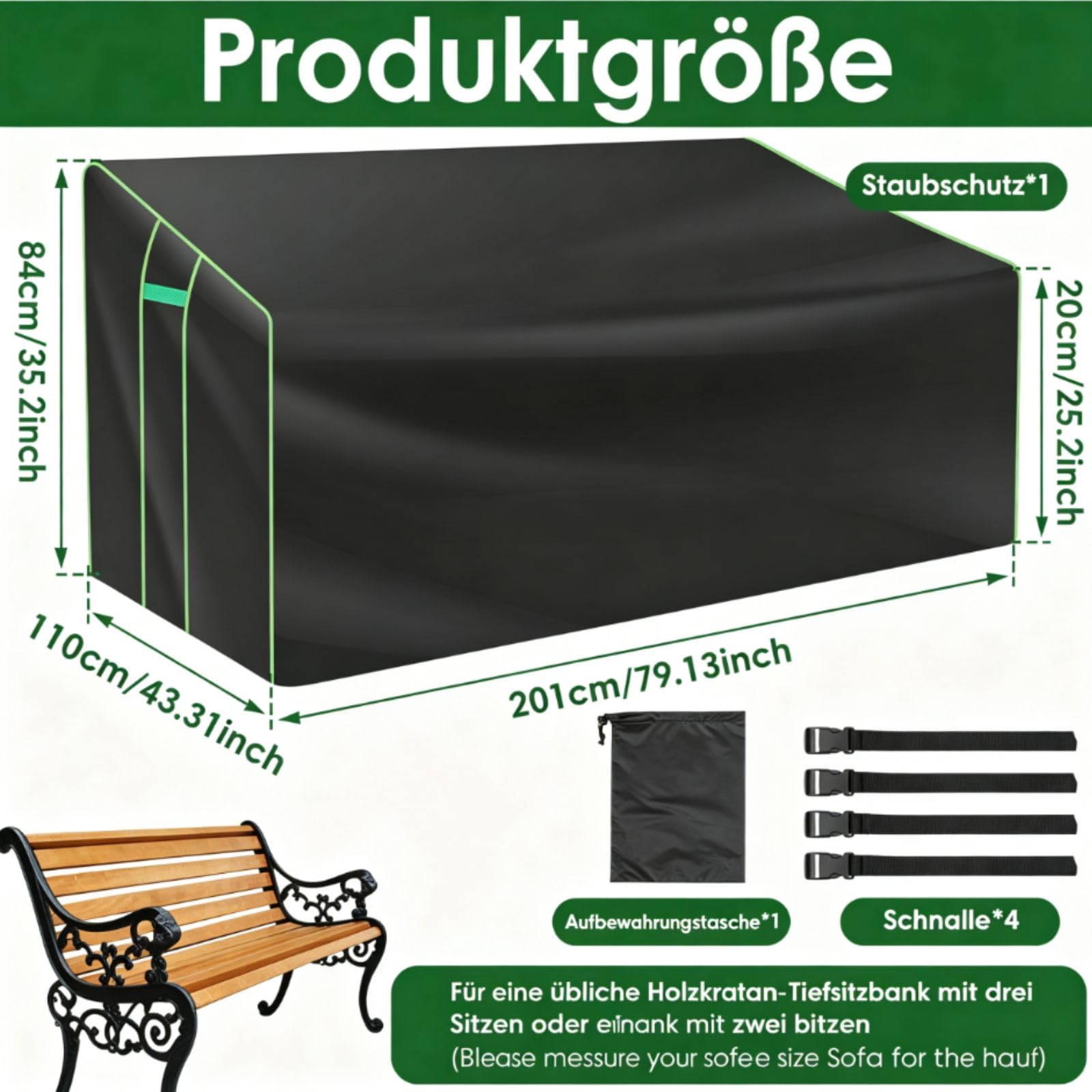 Gartenbank Abdeckung 3 Sitzer 201x110x64/80cm Abdeckung Gartensofa 210D Oxford-Gewebe mit Kordelzug 4 Verstellbare Schnellverschlüsse Wasserdicht Schutzhülle Lounge Sofa für Gärten Außenbänke