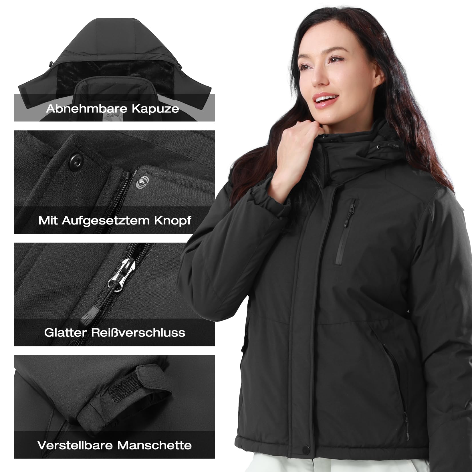 OutPro Skijacke Damen Wasserdicht Snowboardjacke Winterjacke Hooded Warm Winterjacke Dickes Gänsedaunenfutter Doppelte Seitentaschen Wanderjacke mit Reißverschluss für Outdoor-Aktivitäten