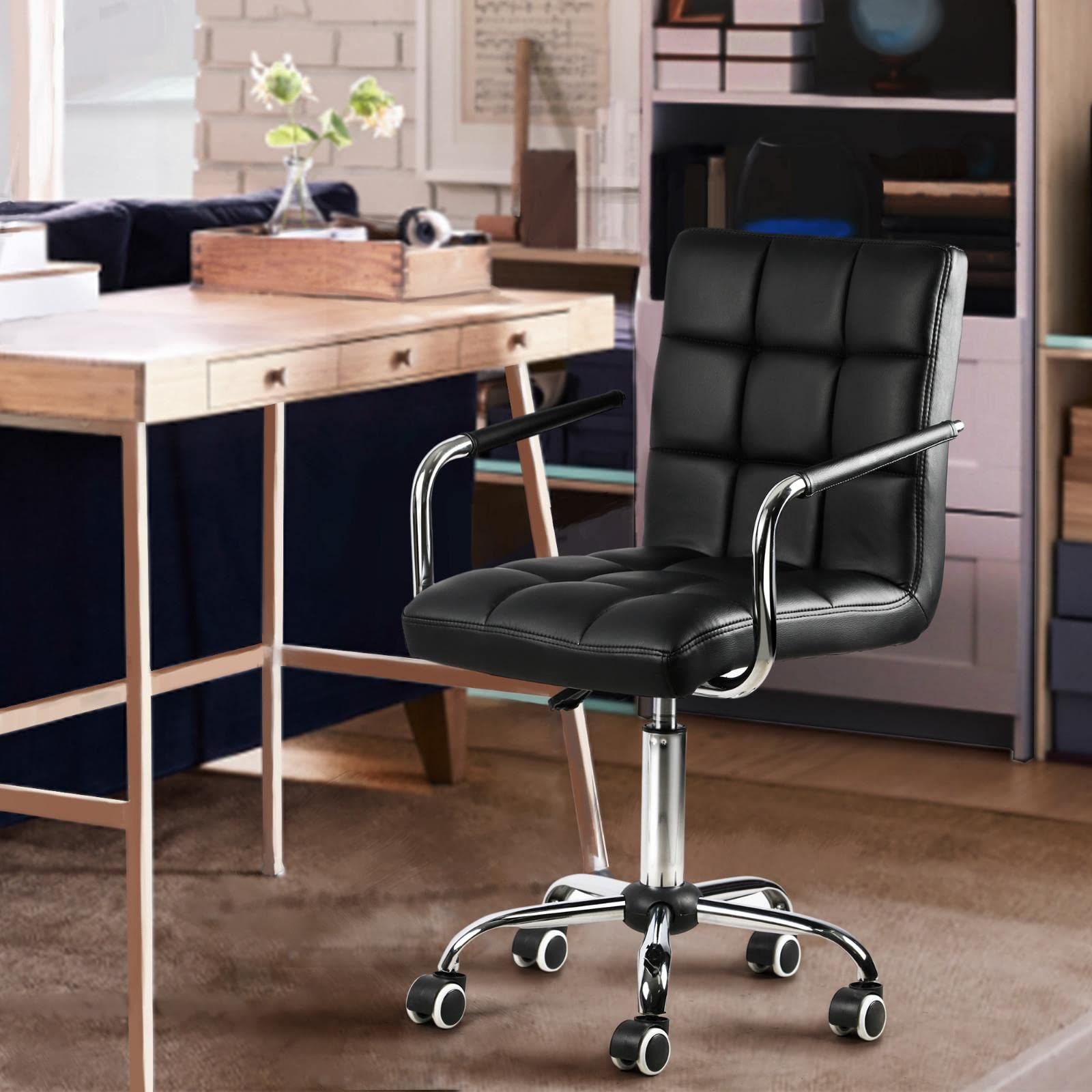 Yaheetech Bürostuhl ergonomischer Schreibtischstuhl Drehstuhl Drehocker Arbeitshocker mit abnehmbare Armlehnen Computerstuhl höhenverstellbar aus Kunstleder Schwarz