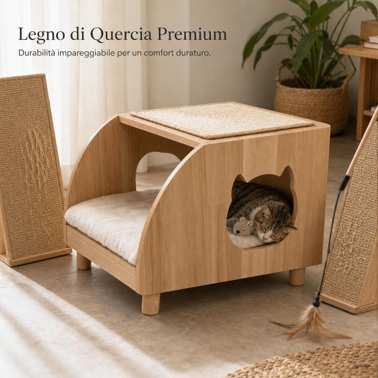 Cuccia per Gatti in Legno con Tiragraffi
