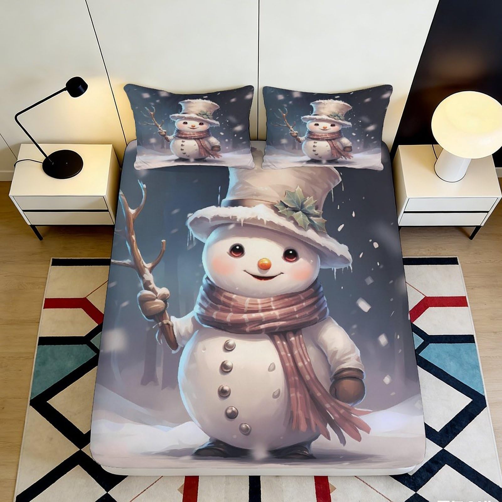 3D Printed Snowman Fitted Sheet Microfiber Soft Breathable Winter Scene Bed Cover for Bedroom Dormitory Guest Room Mattress Protection Decor 160x200x25cm