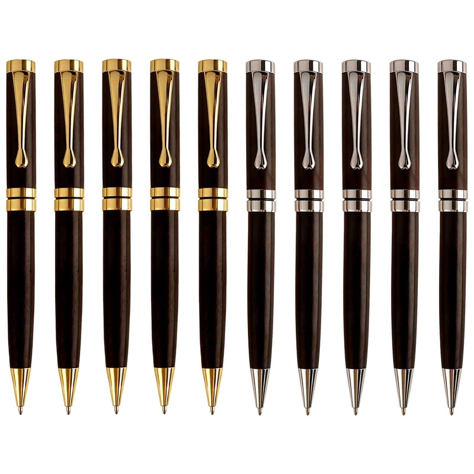 10 Stk. Kugelschreiber-Set aus Ebenholz, mit goldenen und silbernen Akzenten, sanftes Schreiben, Drehmechanismus zum Öffnen und Schließen, 5,5 in / 14 cm, elegant für Büro, Geschäft, Geschenk