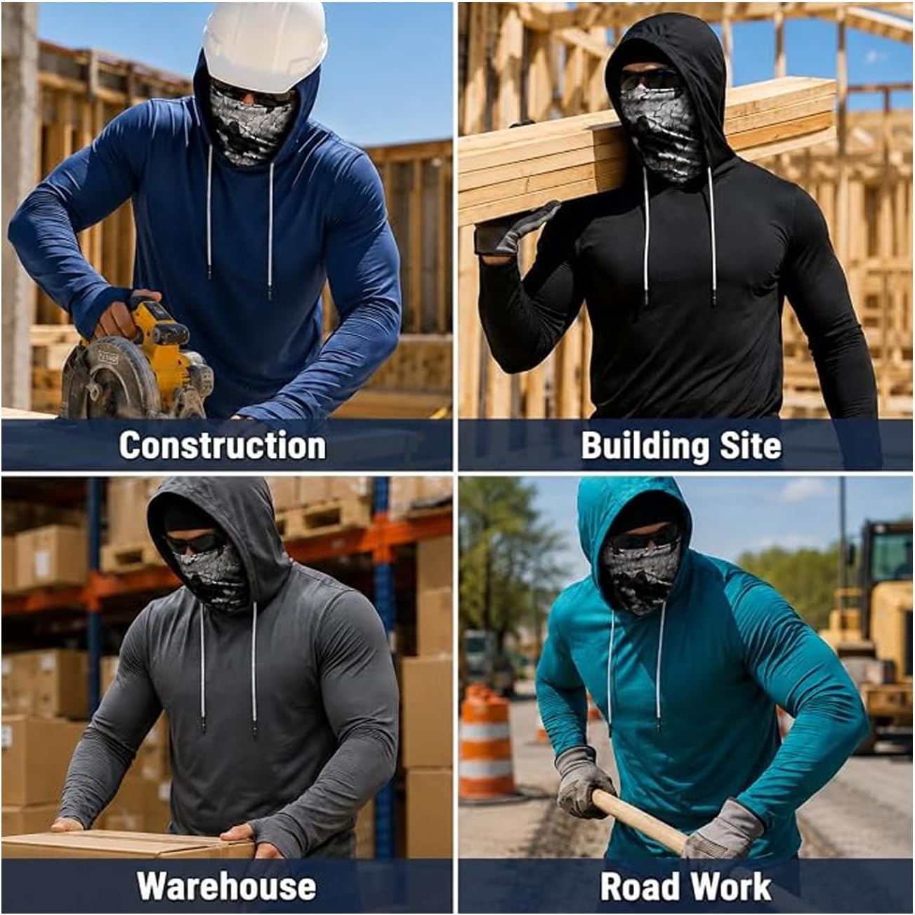 3 Pack Men's Hooded Long Sleeve Shirt with Face Mask Sun Protection Stretch Workout Shirt for Running Cycling Fishing