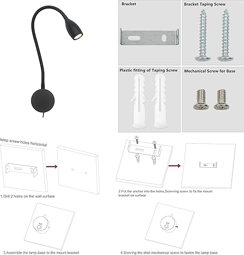 Vista 17 de Luz de lectura regulable con enchufe, para cabecero de noche, luz de lectura direccional de cuello de cisne, salida de 3 W