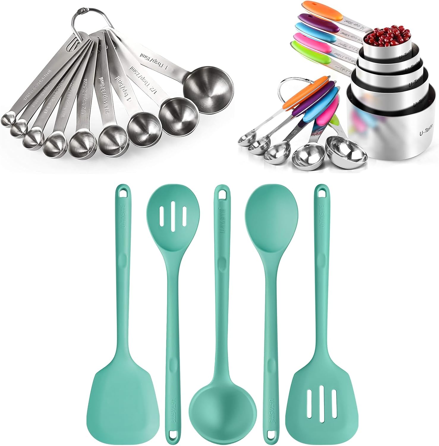 U-Taste 18/8 Stainless Steel Measuring Spoons Set 9 Piece & 600ºF Kitchen Utensil Set 5 Piece Extra Long Nonstick & 18/8 Stainless Steel Measuring Cups and Spoons Set 12 Piece