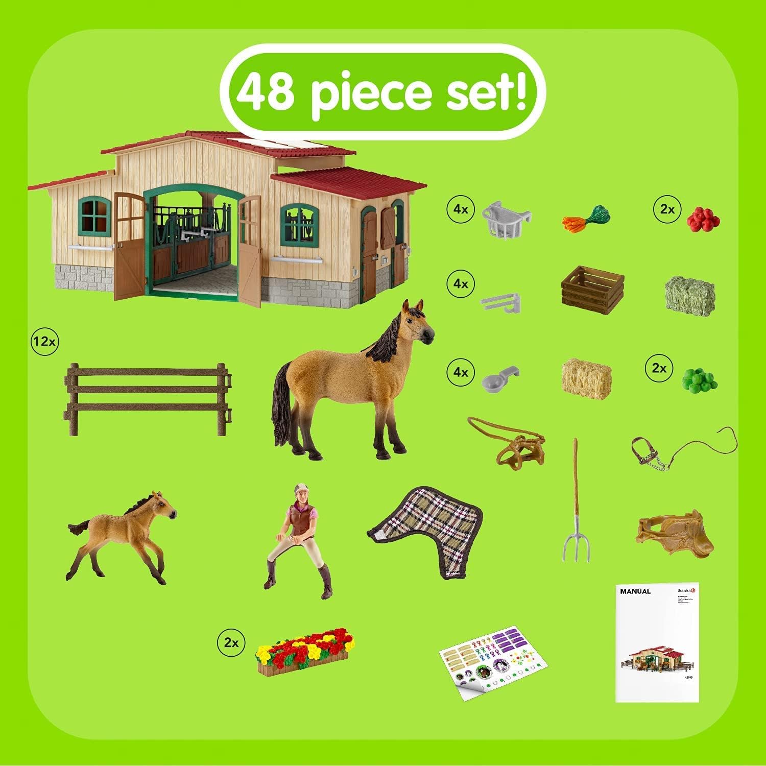 Schleich Farm World | Pferdestall mit Pferden und Zubehör 42195 | 96 Teile | Set inkl. Stall, Paddock, 2 Pferden, Mädchenfigur und Zubehör | Bauernhof Spielzeug ab 3 Jahre | exklusiv bei Amazon