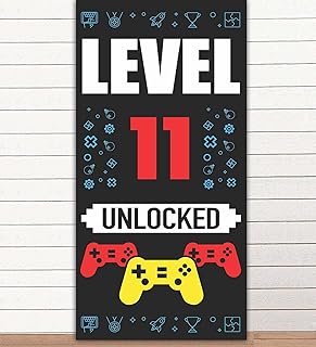 Level 11th Unlocked Happy 11th Birthday Level Up Banner Backdrop Background Photo Booth Props Video Games Gamepad Theme Decor for Boys Girls 11th Birthday Party Favors Supplies Decorations