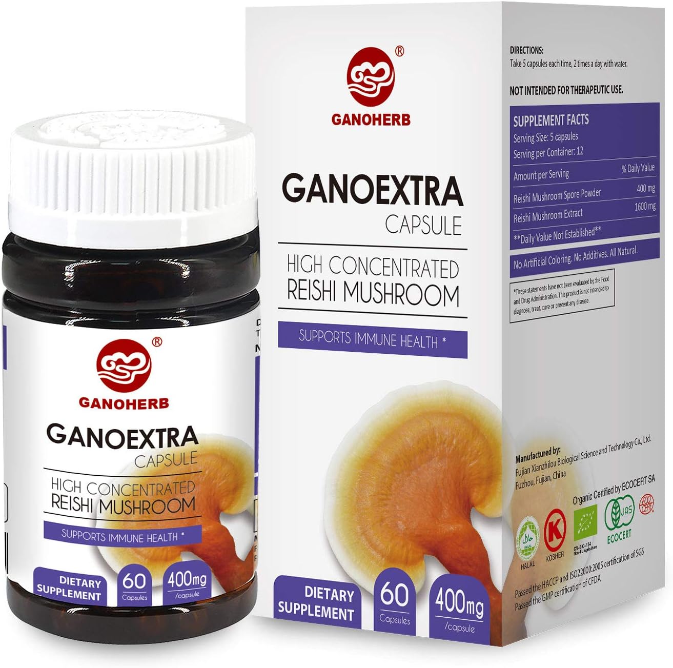 GANOHERB Ganoderma Extra Capsules Dietary Supplement with 100% Organic Certified Reishi Mushroom/lingzhi Extract - Radiation&Chemical Resistance,Immume Health Support