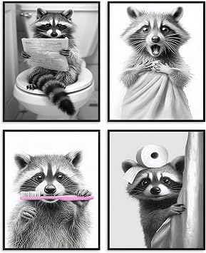 Dazzlewall 4Pcs Funny Raccoon Bathroom Wall Art Set,Retro Black and White Cute Raccoon Wall Art Prints for Toilet Bathroom Decor 8x10 in Unframed