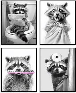 Dazzlewall 4er Set Komische Waschbär Badezimmer Wandkunst, Retro Schwarz-Weiß Süßer Waschbär Wandbilder für Toilette Badezimmer Ohne Rahmen 20x25 cm