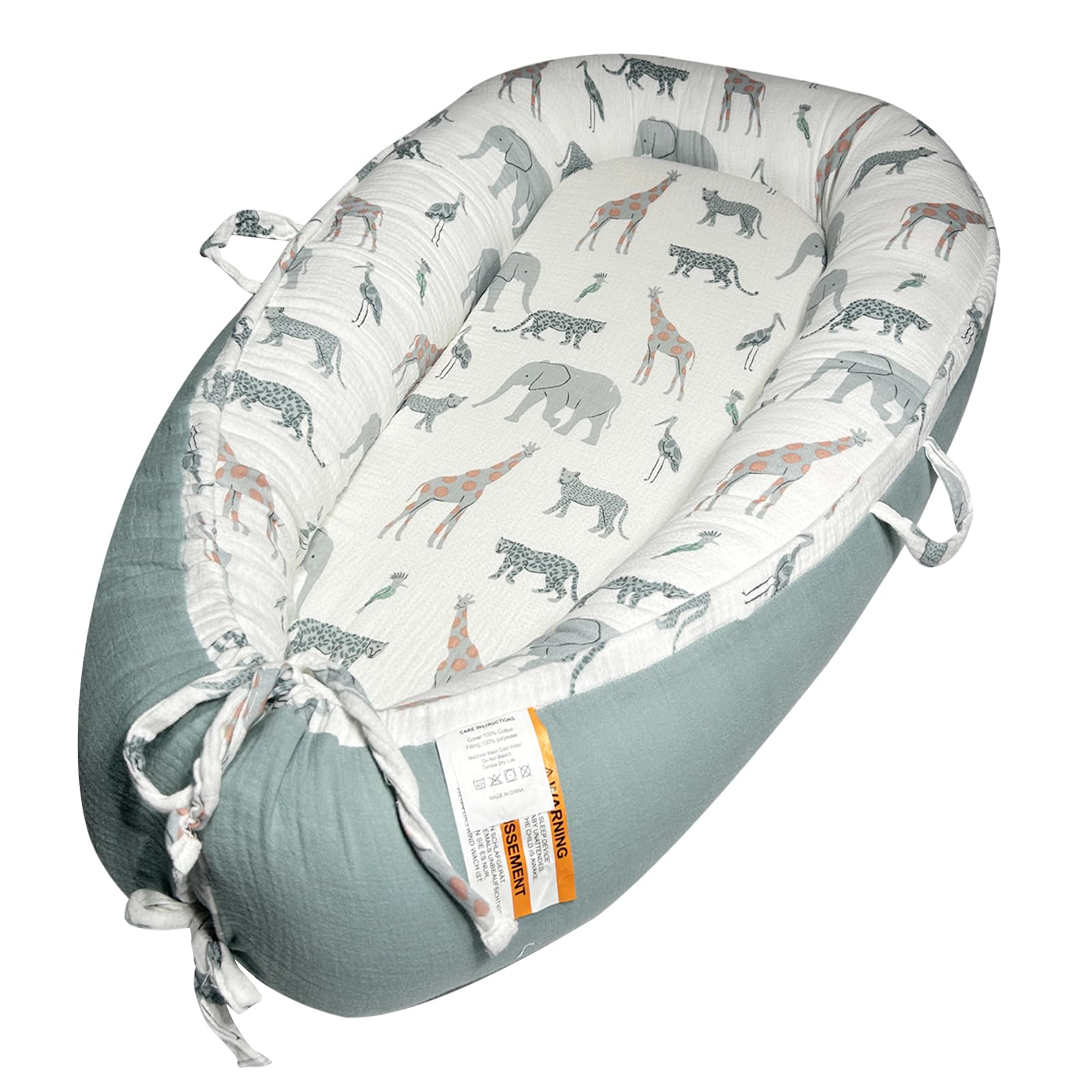 Little Grape Land Babynest XXL 90x65 cm aus Musselin – tragbarer Babykokon/Bettverkleinerer mit Tragegriffen, verstellbar per Kordelzug, für Neugeborene 0–24 Monate, Safari