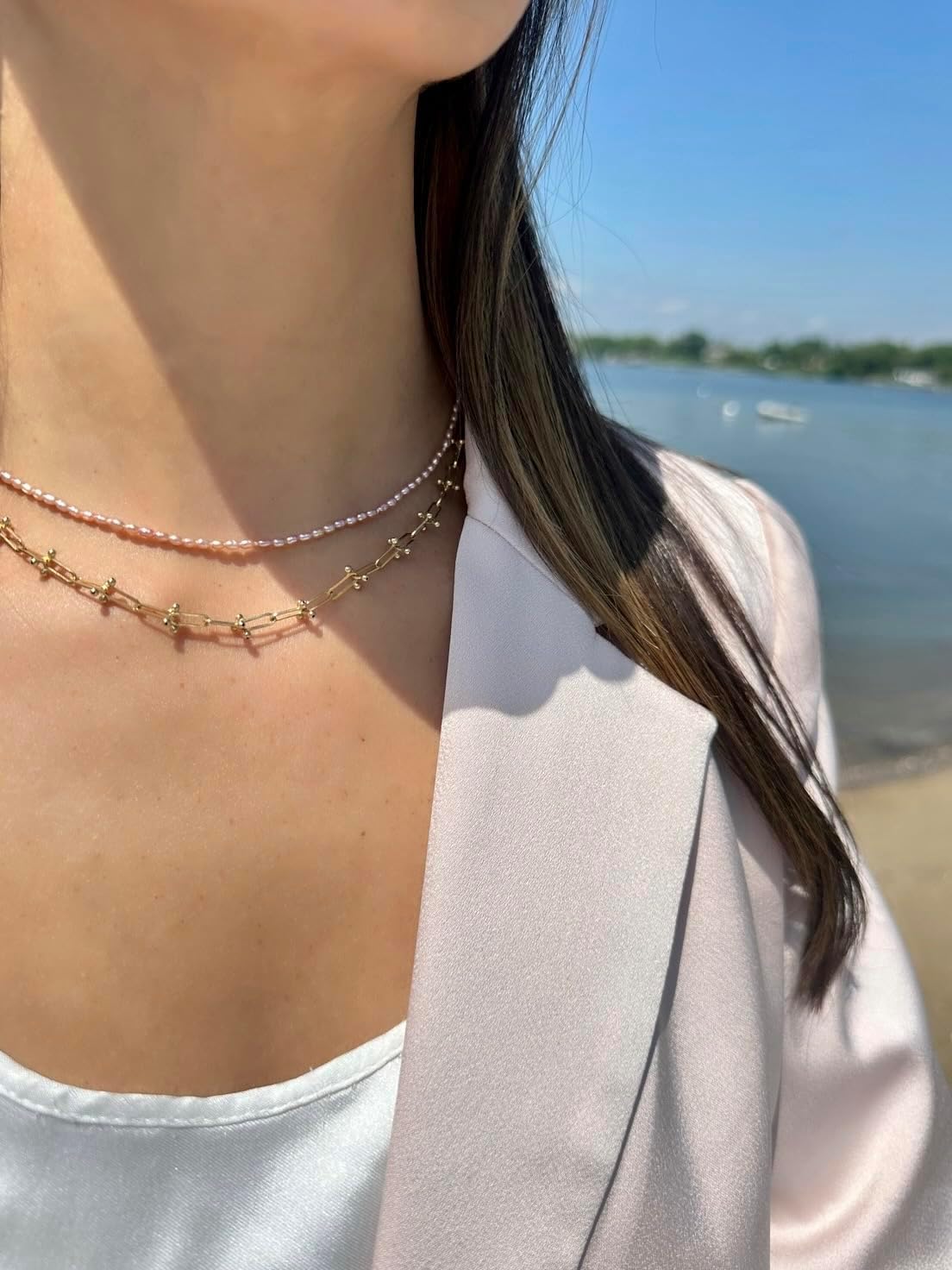 Freshwater Pink Rice-Shape Pearl Necklace with .925 Sterling Silver Lobster Clasp 16" 2-3mm