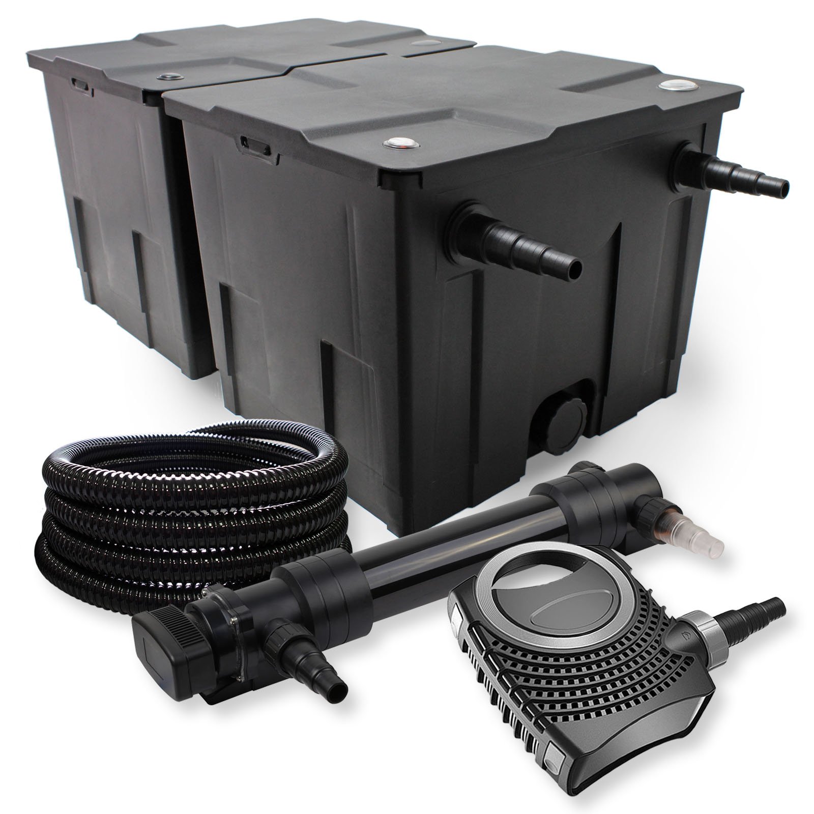 SunSun Kit complet: CBF-350B Filtre de bassin jusqu'à 60000 L Biologique, CTF-8000 SuperECO pompe de filtration 8000l/h 70W, CUV-636 lampe uv UVC Clarificateur avec 36W, 25m Tuyau 25 mm