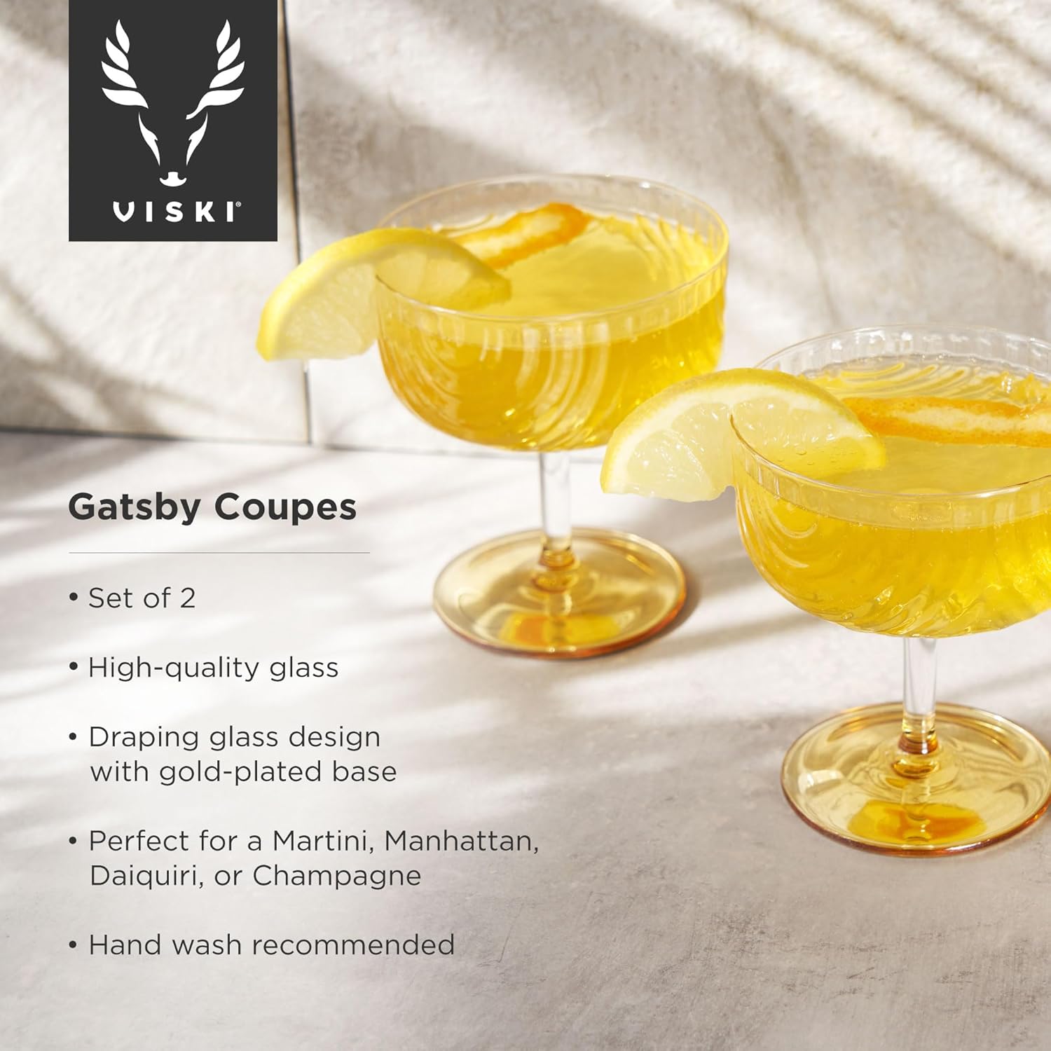 Viski Gatsby Coupes, Stemmed Cocktail Glasses, Glass and Gold Plating for Manhattans, Martinis, 9 Oz, Set of 2