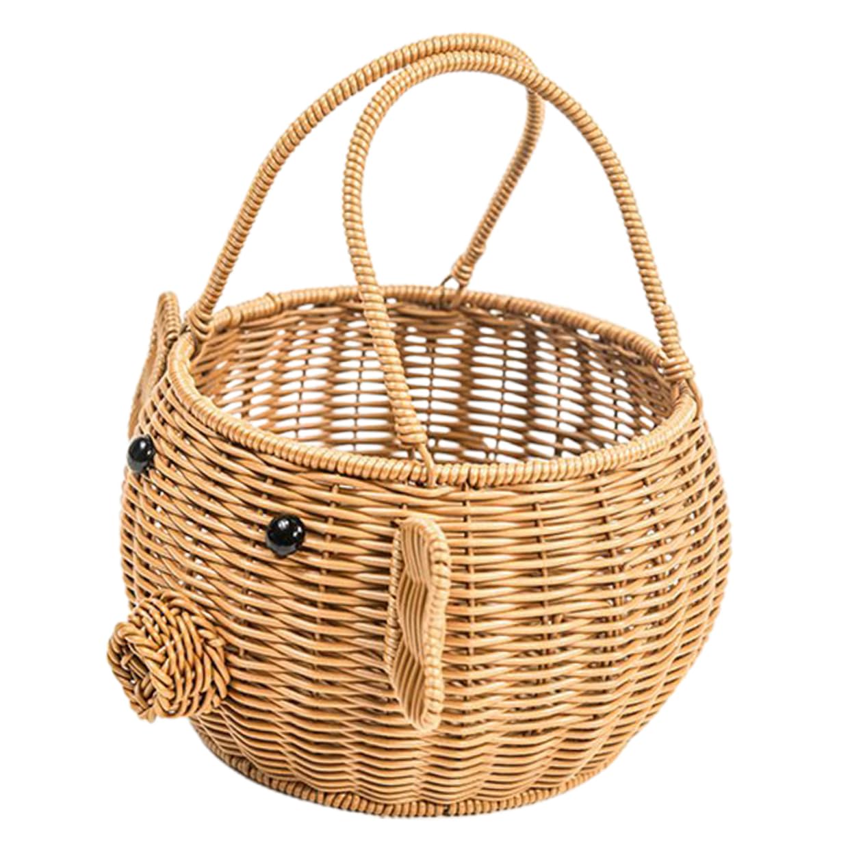 Cabilock 2 Piezas Cesta Tejida de Ratán Sintético para Almacenamiento y Picnic Diseño de Cerdo Cartoon para Frutas Verduras y Accesorios Cesta Multifuncional de Almacenamiento Artesanal