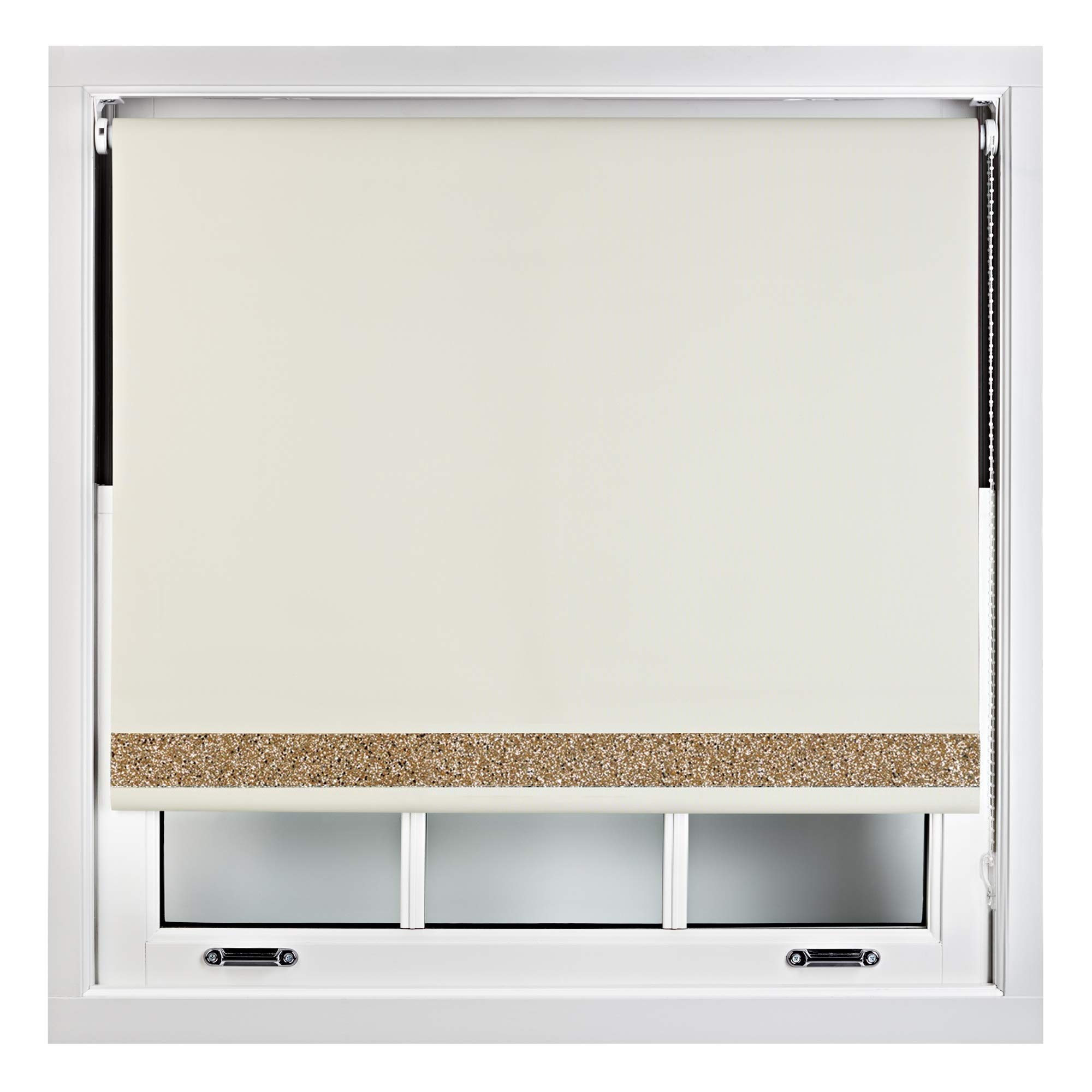 Furnished Cream Blackout Roller Blinds With Glitter Edge - Trimmable Thermal Uv Protection Fabric Easy Fit Sparkle Glitter Blind For Windows, 80W X 165H Cm