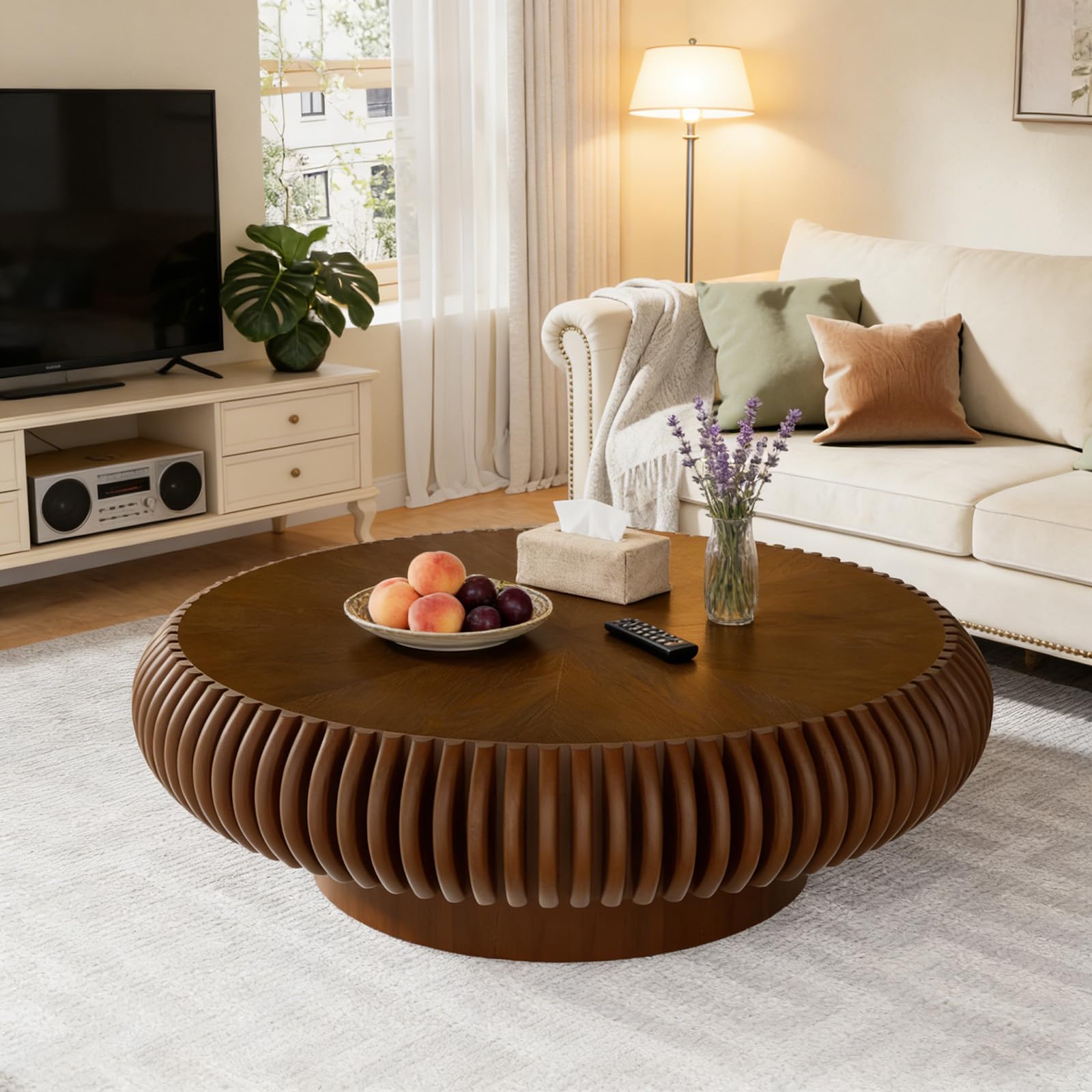 FeiZhiYanS Rustic Round Drum Fluted Coffee Table