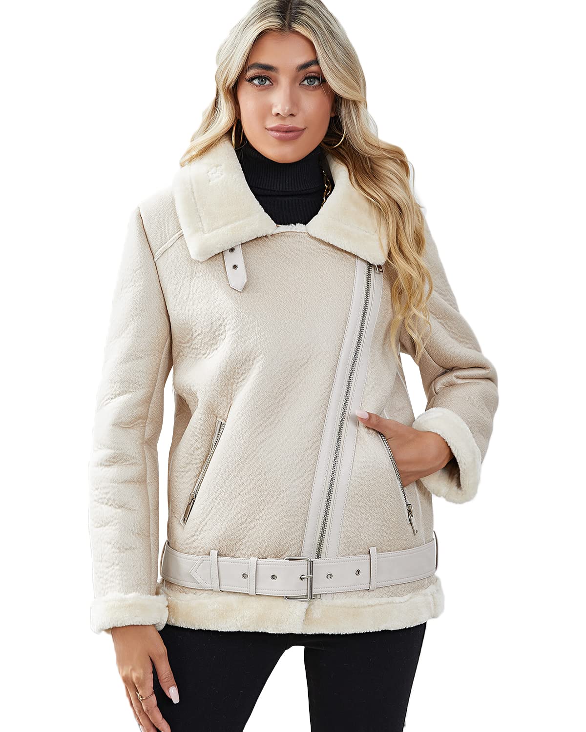 LY VAREY LIN Women's Faux Shearing Moto Jacket Thick Lined Parka Winter Shearling Coat Leather Jacket