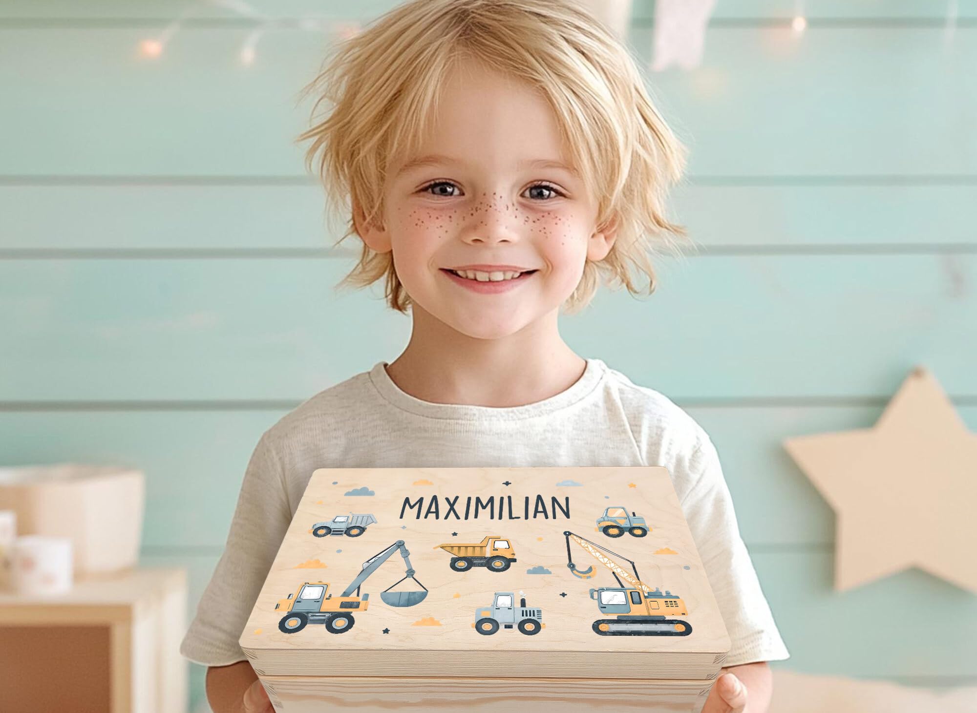 Little Deco Personalisierte Erinnerungsbox Baby Erinnerungskiste mit Bagger | L - 40 x 30 x 22 cm | Geschenk zur Geburt, Taufe & Geburtstag für Jungen Holzkiste mit Namen XHL1024-02