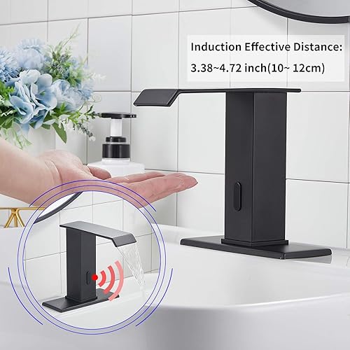 Miniatura 4 de Grifo de lavabo de baño con sensor automático, color negro mate, sin contacto, con placa de cubierta, grifos de tocador manos libres, cascada con