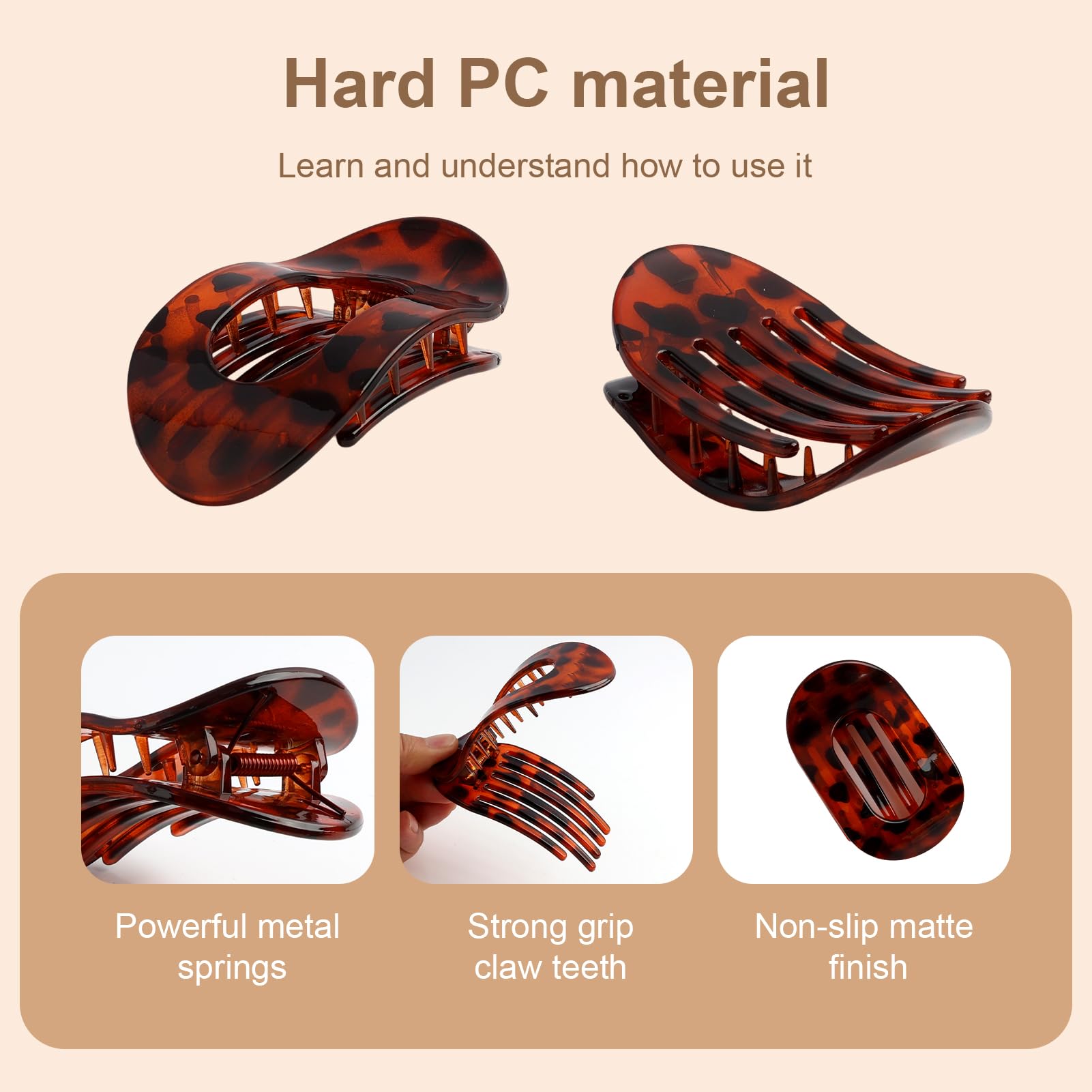 4-Pack Leopard Print Flat Hair Claw Clips for Women, Ergonomic, Curved Design for All Hair Types Including Thick Thin - Image 3