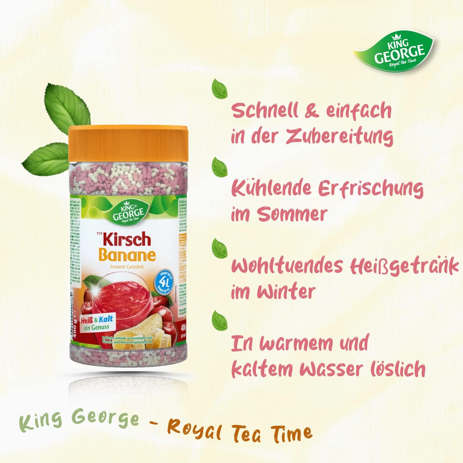 KING GEORGE - Chersch Banan 12 x 400 g – Instant Mrożona herbata napój mieszany z witaminą C – letnia przyjemność – opakowanie korzystne – napoje w proszku, napój orzeźwiający dla rodziny, pracowników