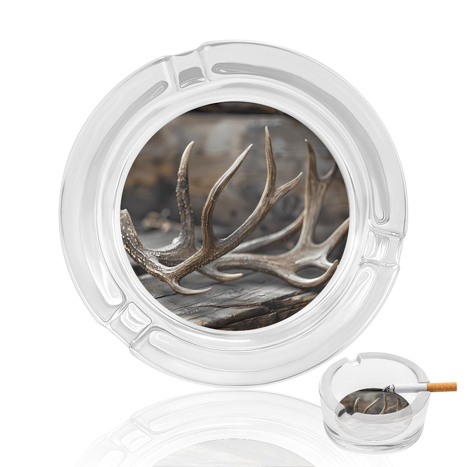 Deer Antlers On Wood Ashtray Portable Round Glass Outdoor Ash Tray for Home Office Garden Pub