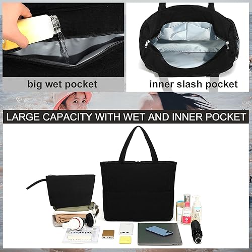Miniatura 7 de LOIDOU Bolsa de playa grande impermeable a prueba de arena con cremallera y bolsillos húmedos, bolsa de hombro para profesores de viaje