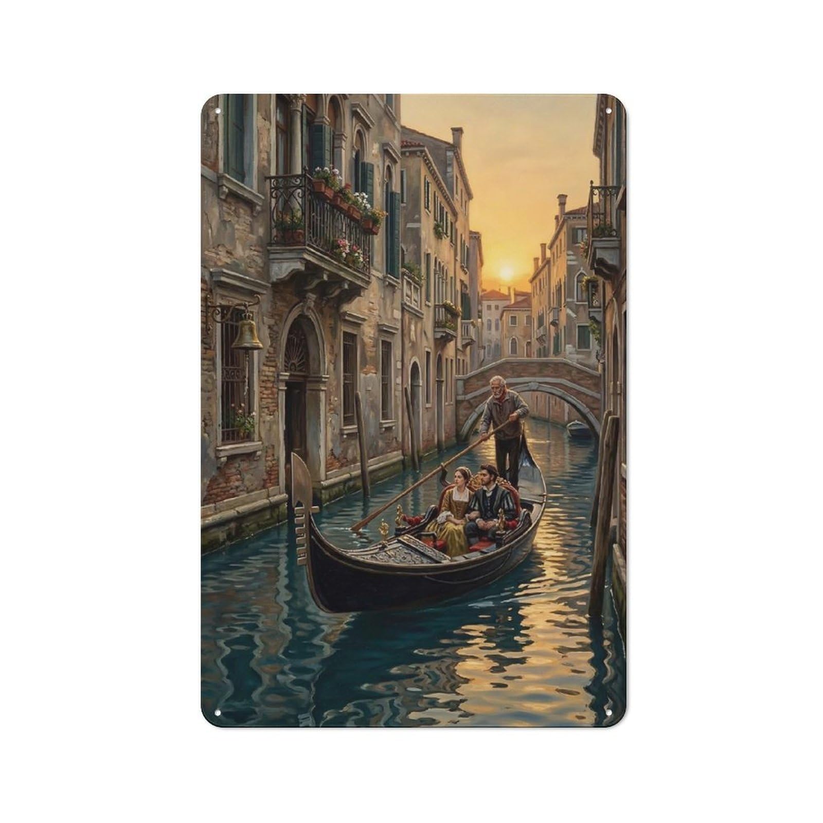 Junmoney Style-3 Loft Style Metal Wall Art Sign 30X20cm Featuring Venice Canal Gondola Ride At Sunset, Urban Room Decor For Loft, Studio, Office Or Creative Room