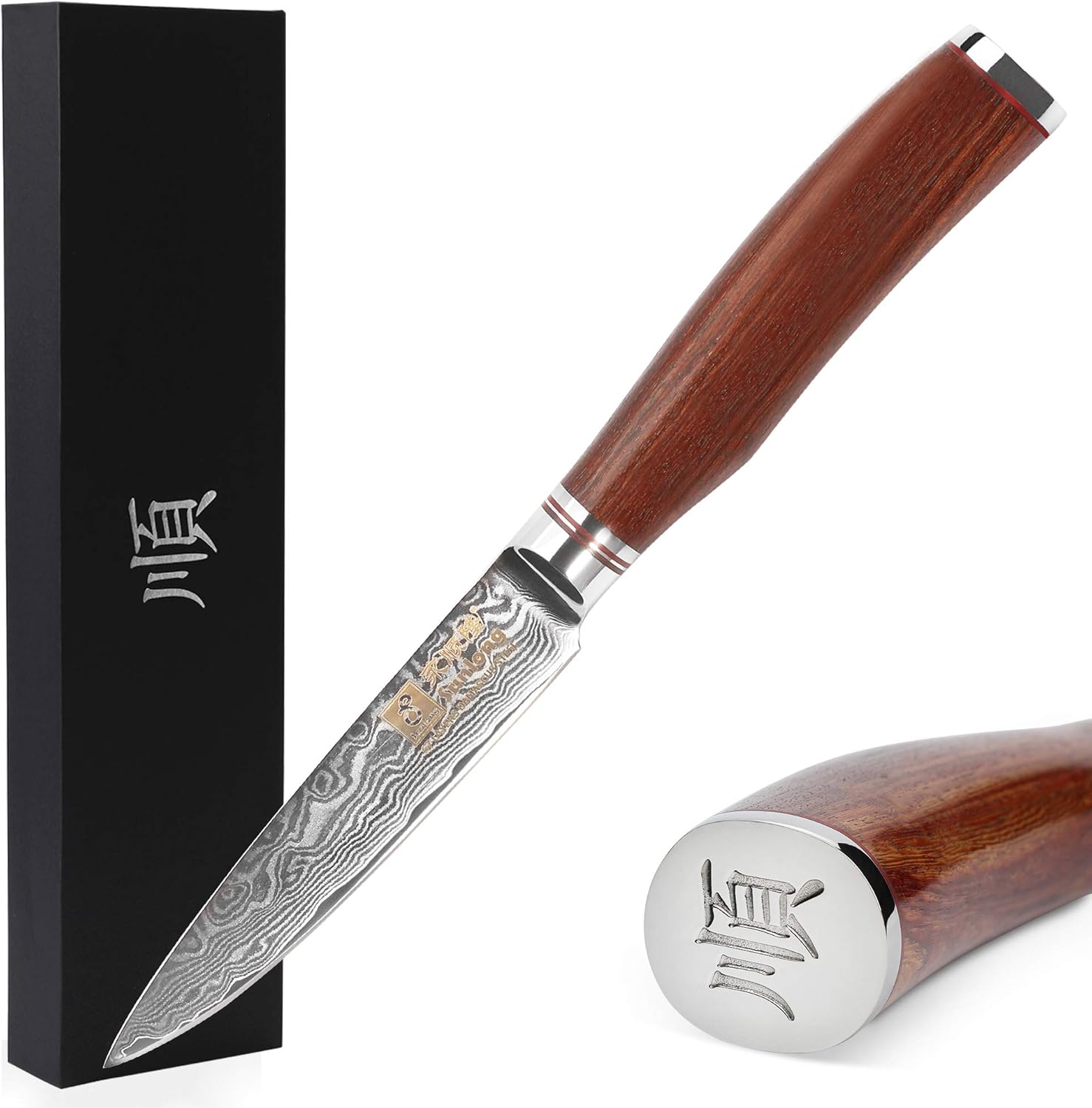 SUNLONG Utility Knife 5 inch - Japanese Hammered Damascus Steel Blade - Natural Rosewood Handle