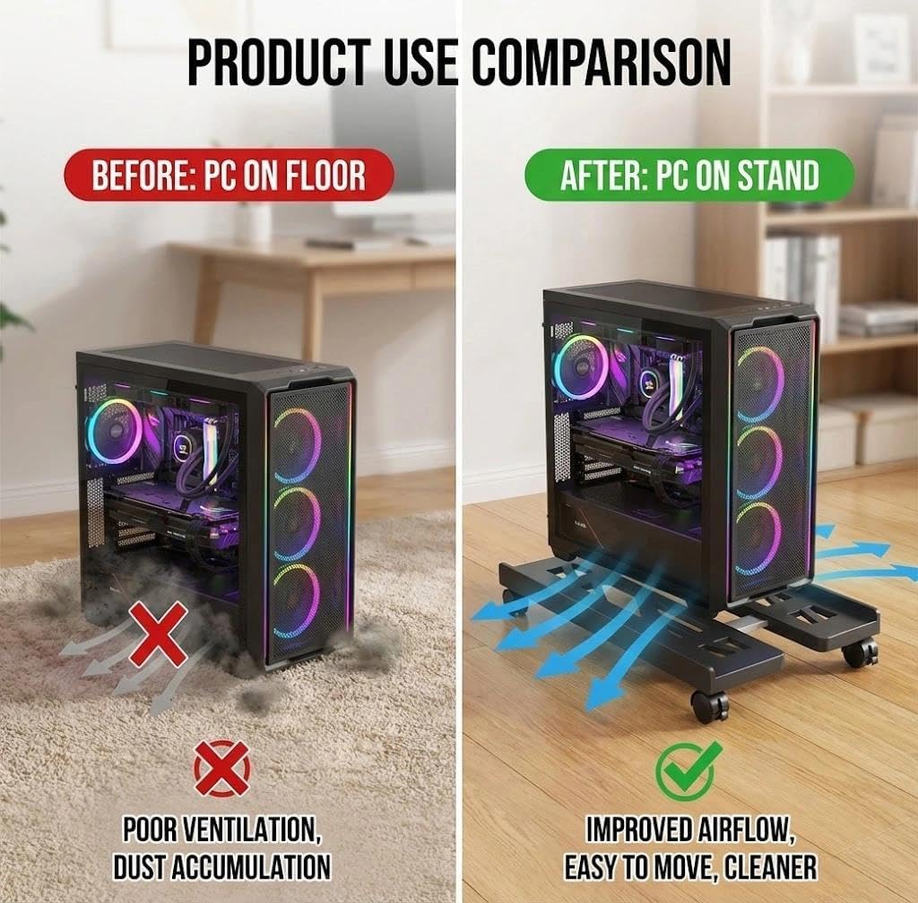 Soporte para PC con ruedas giratorias y freno, negro