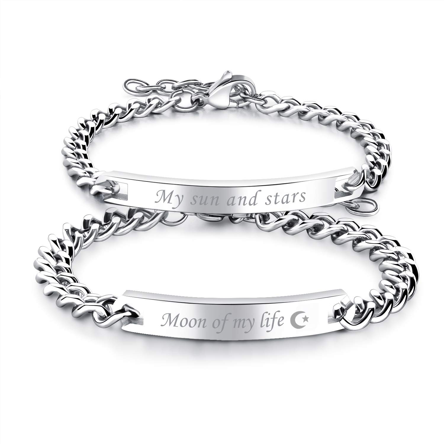 Cupimatch2pcs CZ His and Hers Couple Bracelets Set, Adjustable Titanium Stainless Steel My Sun and Stars Moon of My Life Love Matching Bracelet Link Jewelry Set
