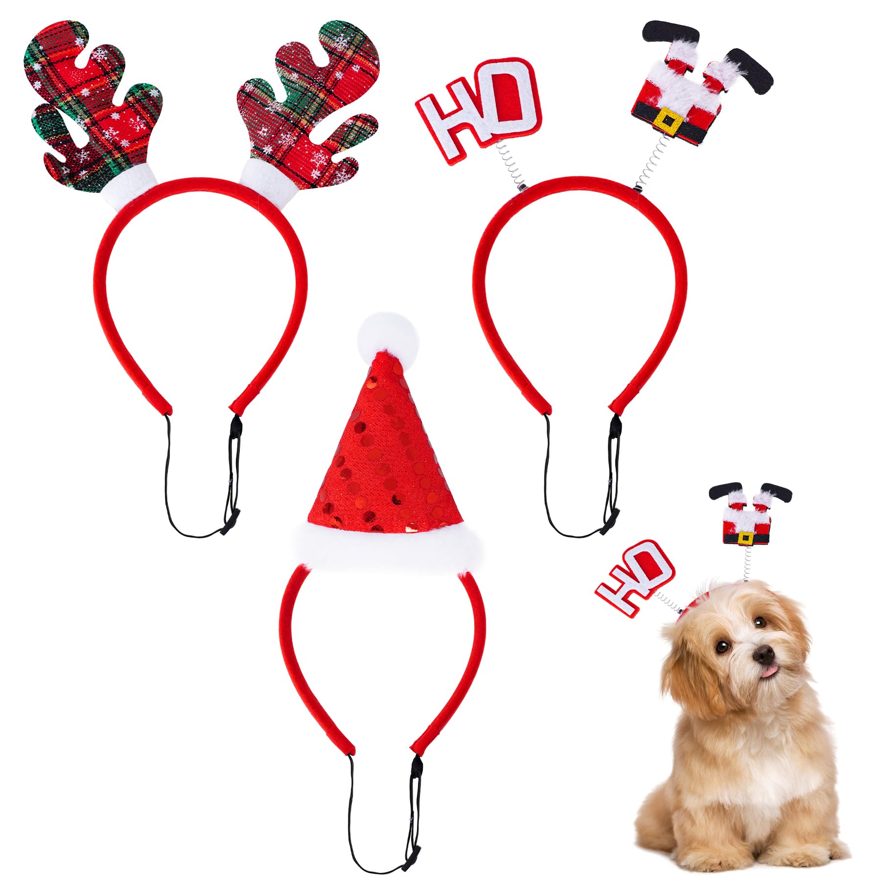 3Pcs Pet Christmas Headbands Dog Christmas Headbands Red Pet Christmas Costume Santa Hat Snowman Reindeer Antlers Puppy Dog Headbands for Small Medium