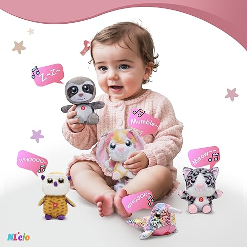 Miniatura 3 de Nleio Lindos juguetes de peluche de 7 pulgadas, juego de animales de peluche parlantes de unicornio, conejo, narval, perezoso, búho, conejo rosa,