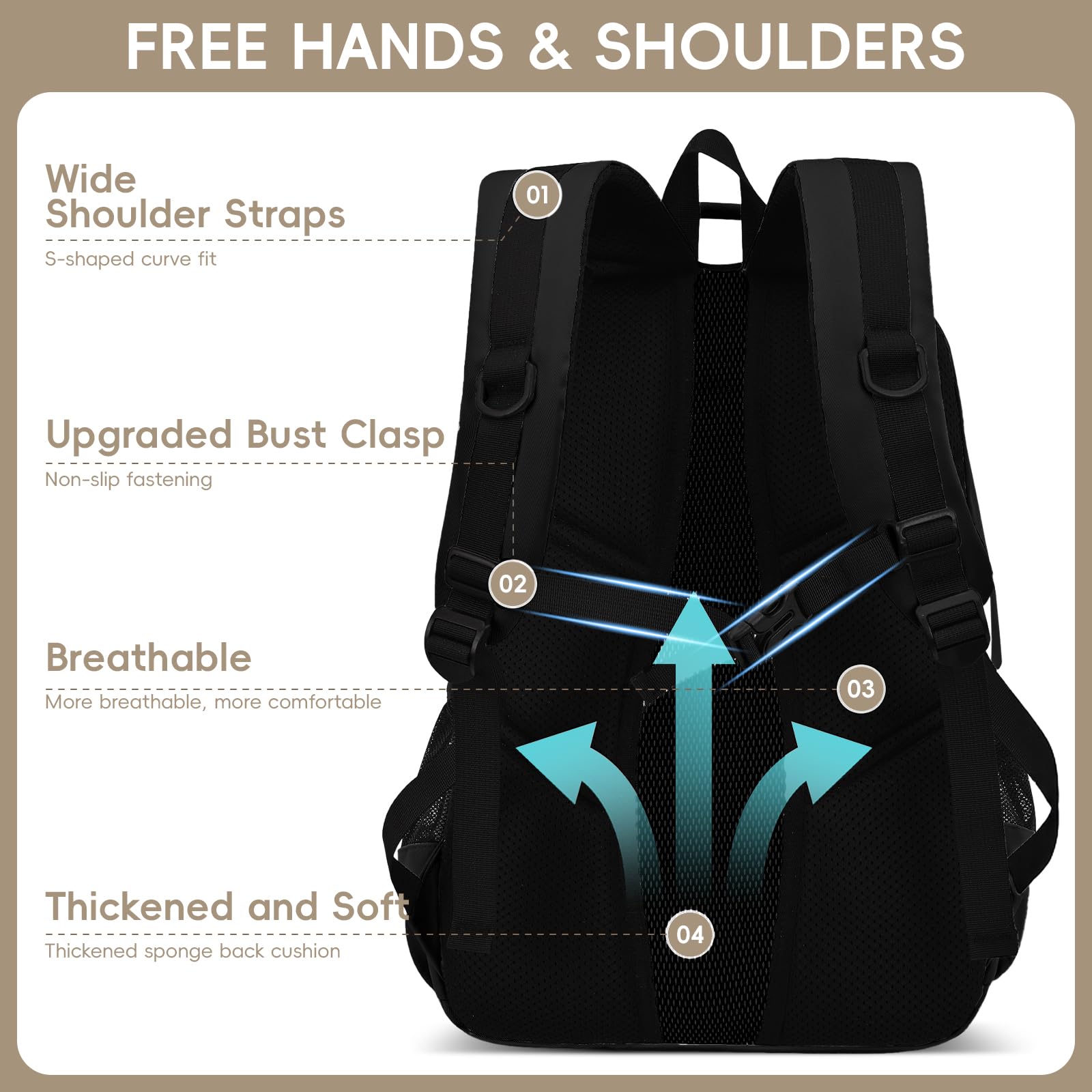Amythe Schulrucksack Jungen Teenager 29L Wasserabweisend für 15.6" Laptop Schwarz