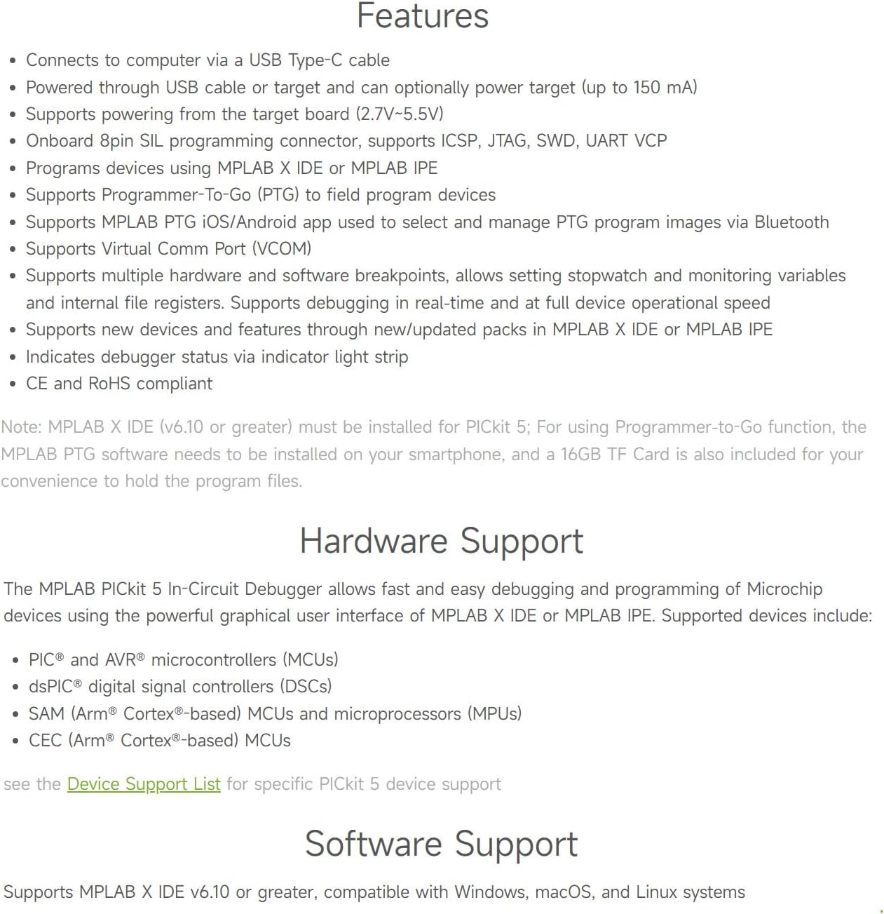 Waveshare PICkit 5 in-Circuit Debugger/Programmer, Programmer-to-Go Support, Type-C Port, Supports MPLAB, Card Programmer
