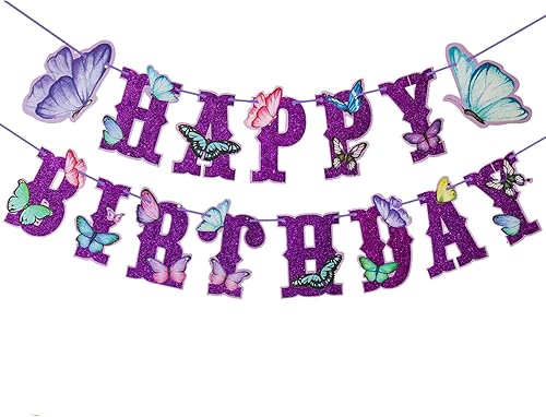 BIEUFBJI Decoraciones de cumpleaños de mariposa, pancarta de cumpleaños de mariposa, baby shower, decoraciones de mariposa de hadas feliz