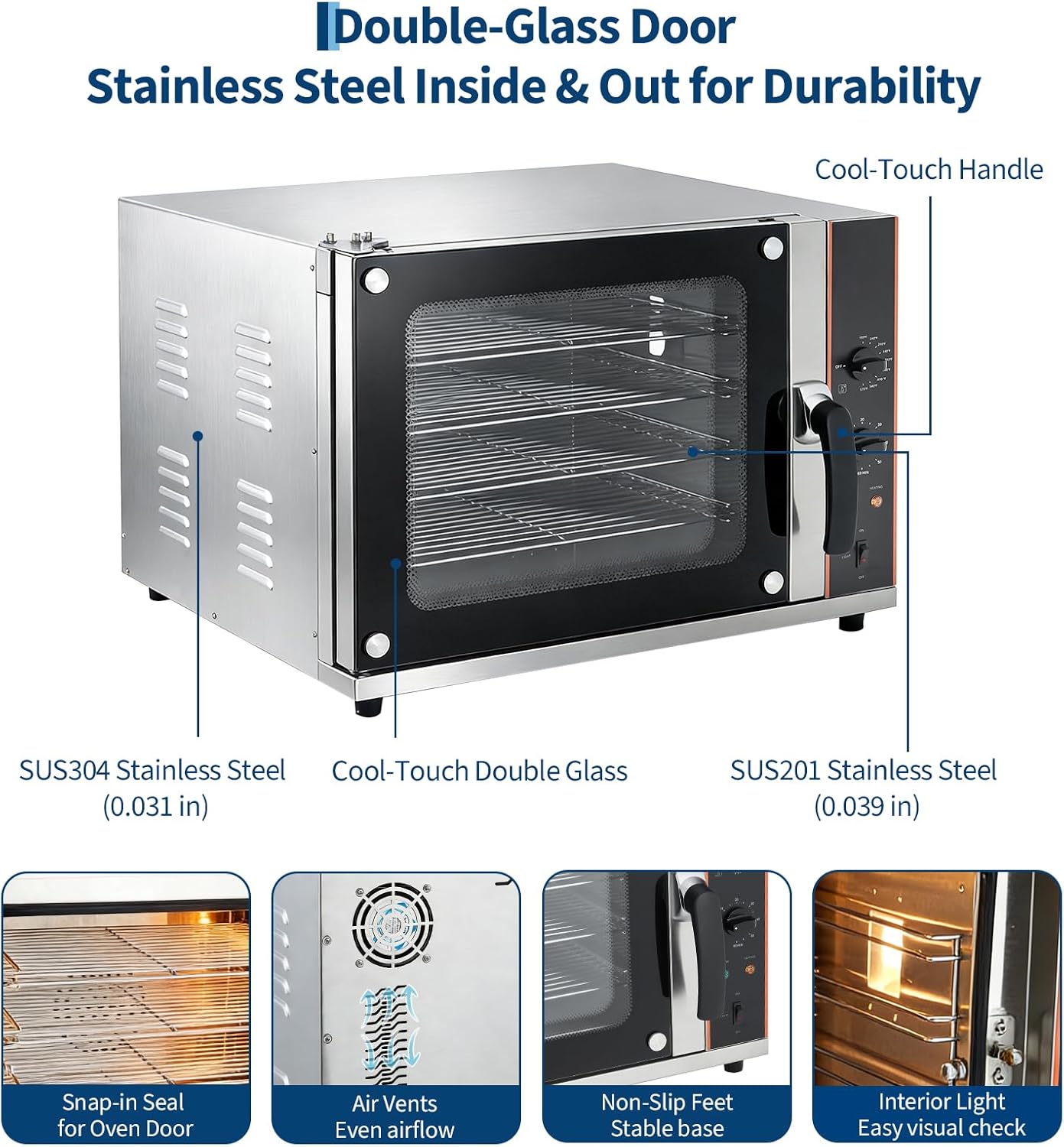 Commercial Countertop Convection Oven – 4-Tier Toaster, Air Fryer Combo, Front Glass Door, 1750W, Trays & Wire Racks, Kitchen Appliance – CC0-68L, 2.3 cu ft, Half-Size 4 Tray