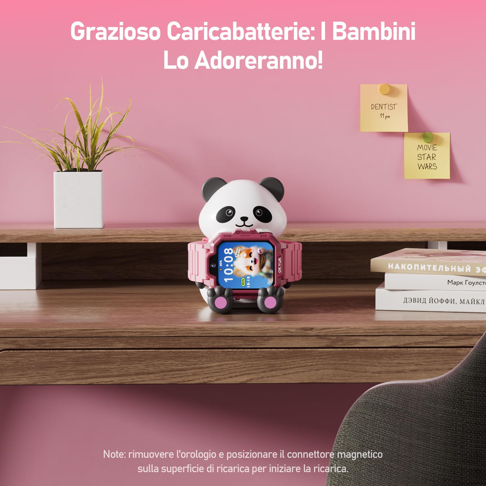 OKYUK T17 smartwatch bambini, 4G orologio bambino, GPS per bambini, SOS, chat vocale, SMS, modalità scuola, giochi e stazione di ricarica Panda, orologio per ragazze e ragazzi（Rosa）