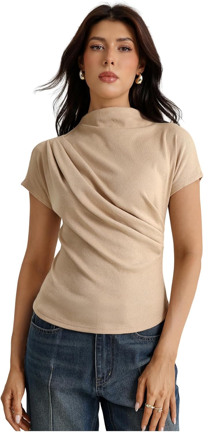SweatyRocks Women's Casual Short Sleeve Mock Neck Tee Top Asymmetric Ruched Plain T Shirt