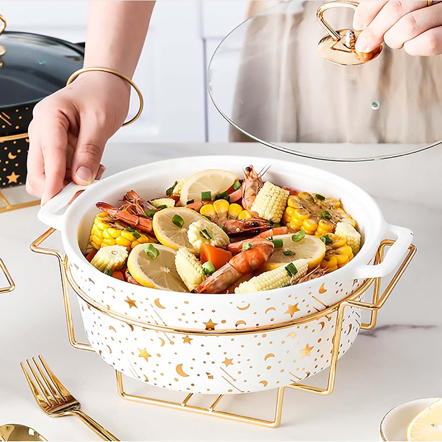 Chafing Dish Buffet Set, Ceramics Round Chafers and Buffet Warmers Set, Buffet Servers with Fuel Holder & Glass Lid for Buffet Weddings, Parties, Banquets, Christmas, Cat,Green (White)