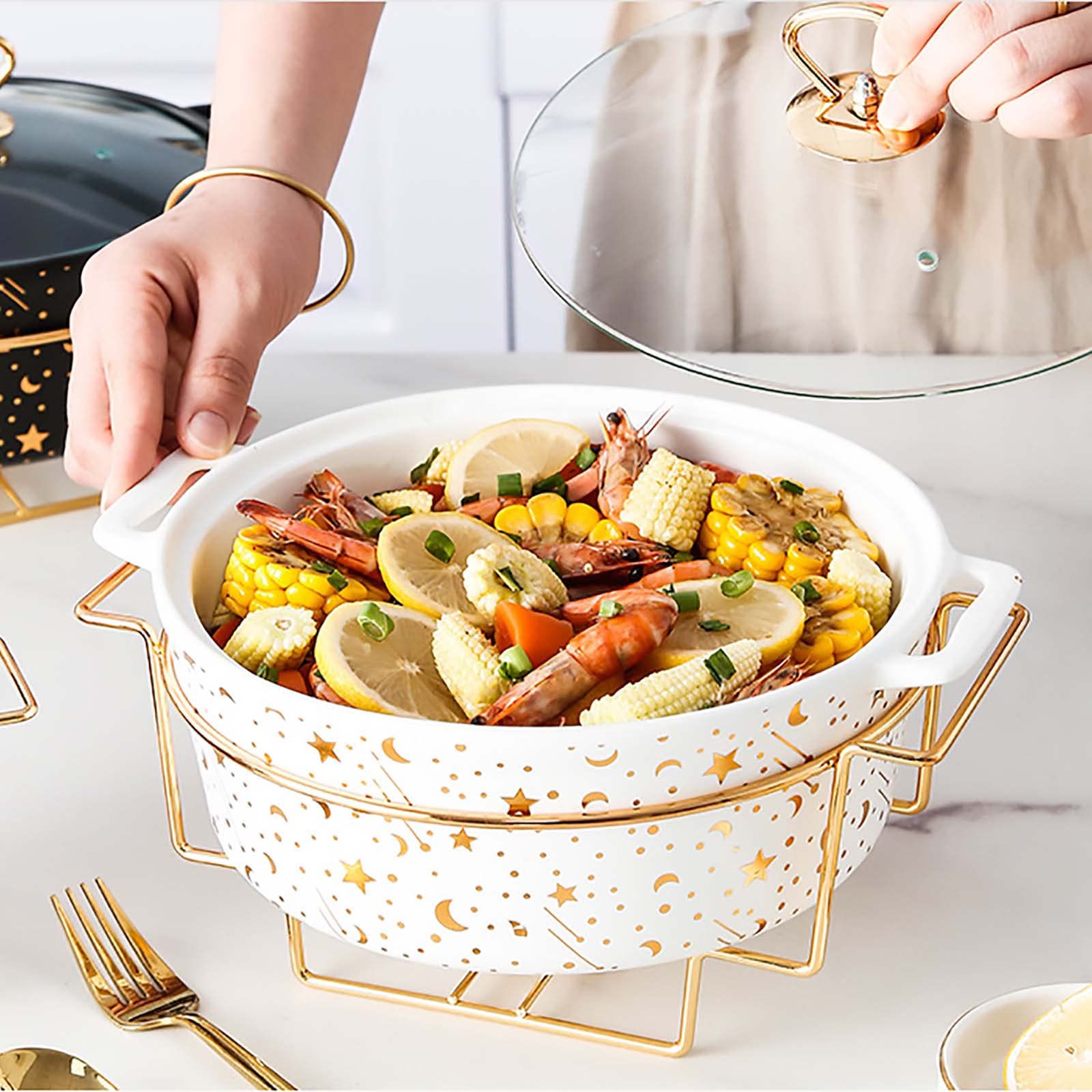 Set di scaldavivande in ceramica, con coperchio in vetro e supporto per carburante, vassoio rotondo per scaldavivande e scaldavivande per buffet, matrimoni, feste, banchetti, Chris,