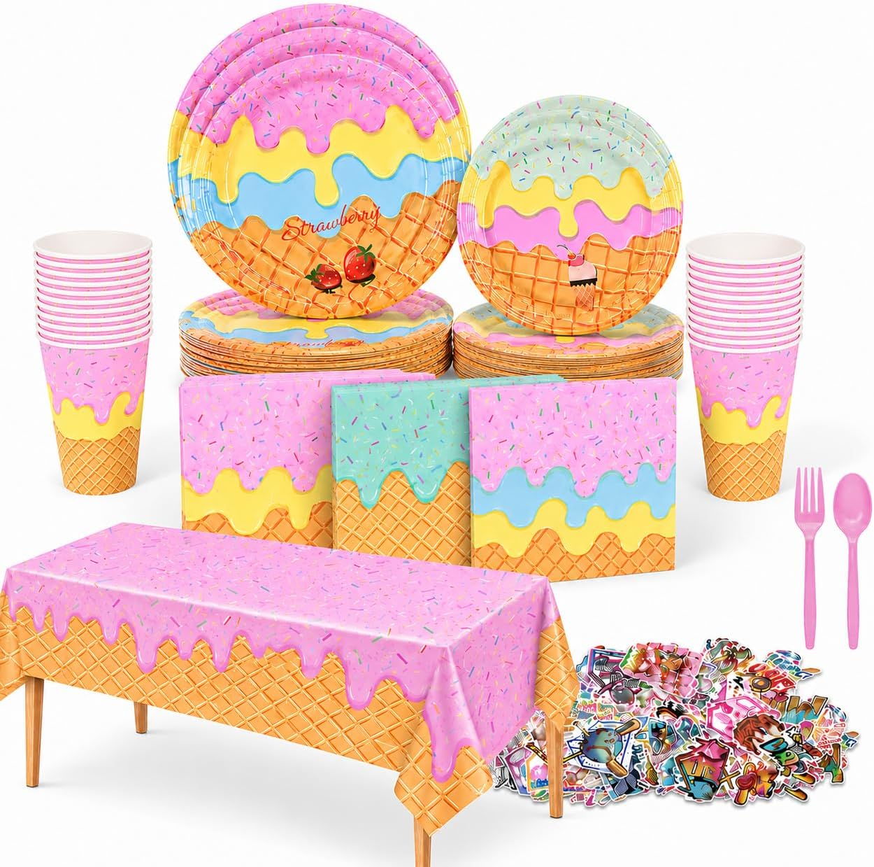201pcs Ice Cream Plates and Napkins Party Supplies- Plate, Napkin, Cup, Tablecloth, Cutlery Tableware Set and Stickers Dessert Party Decoration for Birthday Baby Shower Sweet Summer Party, Serves 25